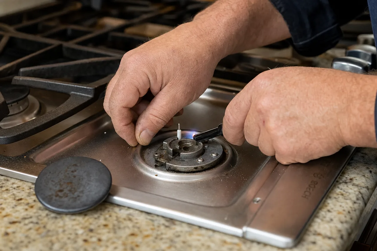 Technician adjusting a gas cooktop burner in a Fairfield kitchen