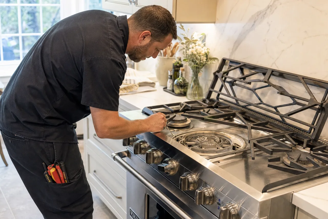 Technician servicing a stainless Viking range