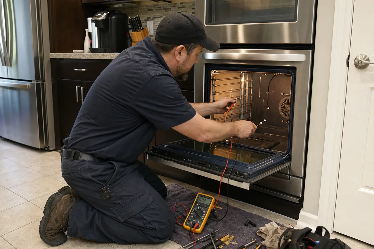 Technician servicing a built-in wall oven